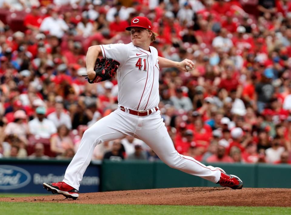 Jul 2, 2023; Cincinnati, Ohio, USA; Cincinnati Reds starting pitcher Andrew Abbott (41) throws against the San Diego Padres during the first inning at Great American Ball Park.