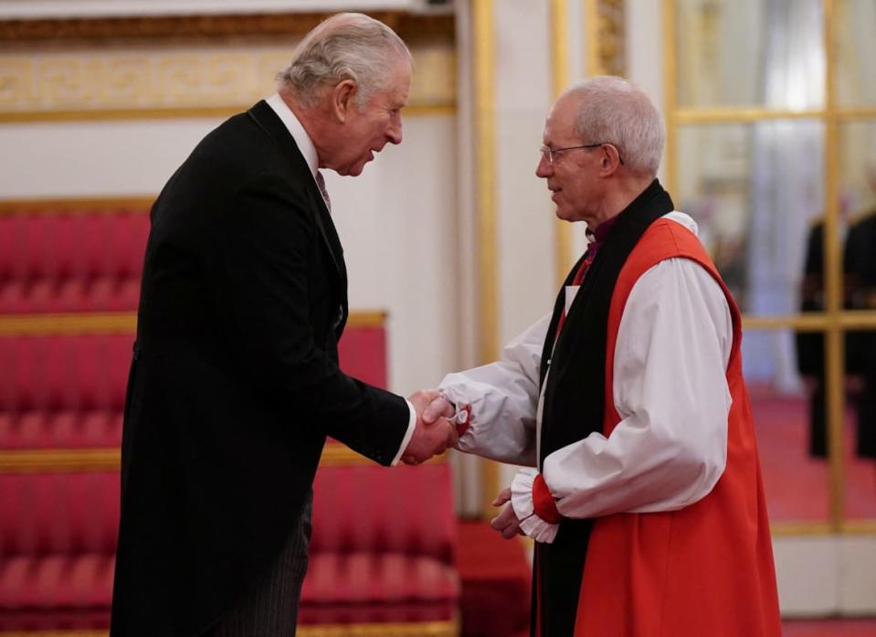 <div class="inline-image__caption"><p>Britain's King Charles III shakes hands with Archbishop of Canterbury, Justin Welby, during a presentation of loyal addresses by the privileged bodies, at a ceremony at Buckingham Palace in London, Britain March 9, 2023.</p></div> <div class="inline-image__credit">Yui Mok/Pool via REUTERS</div>