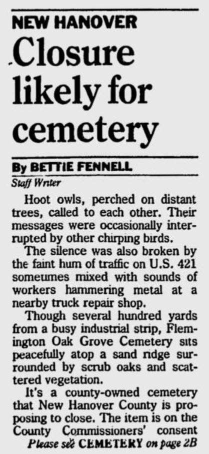 An article from the Moring Star on Feb. 29, 1992, discusses the closure of Flemington-Oak Grove Cemetery.