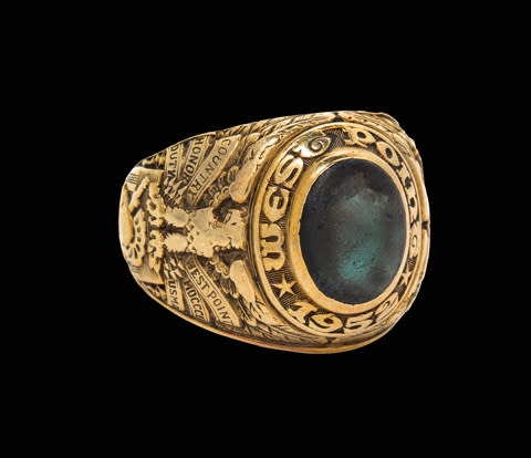 West Point ring worn in space by astronaut Edward White, made by L. G. Balfour Co., American, of 14 kt gold. White wore this ring as the first American to walk in space during the Gemini 4 mission. He tragically died in the Apollo 1 fire.