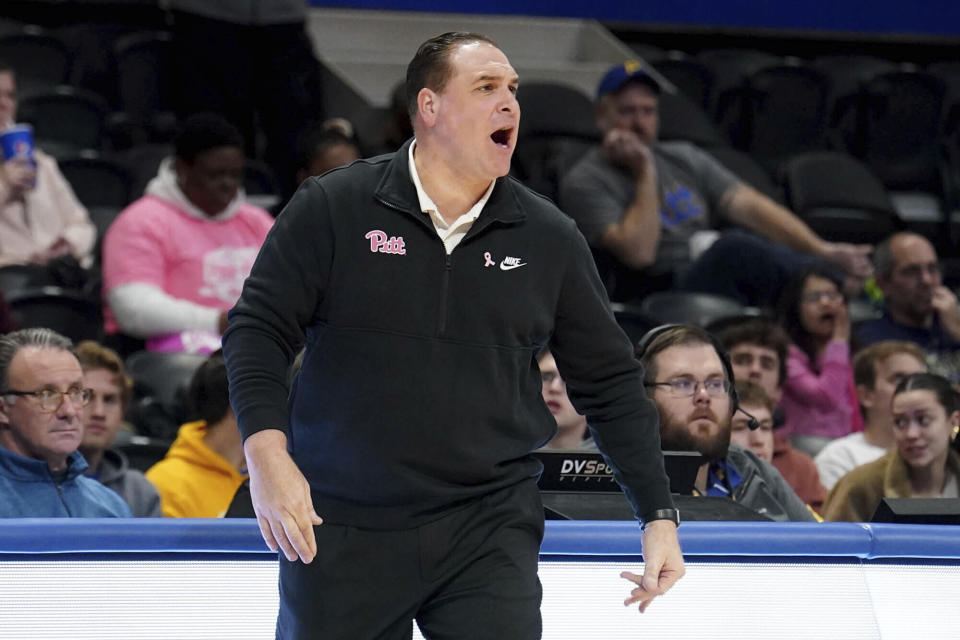 Pittsburgh head coach Tory Verdi calls out to his team during the first half of an NCAA college basketball game against North Carolina State Sunday, Feb. 11, 2024, in Pittsburgh. (AP Photo/Matt Freed)