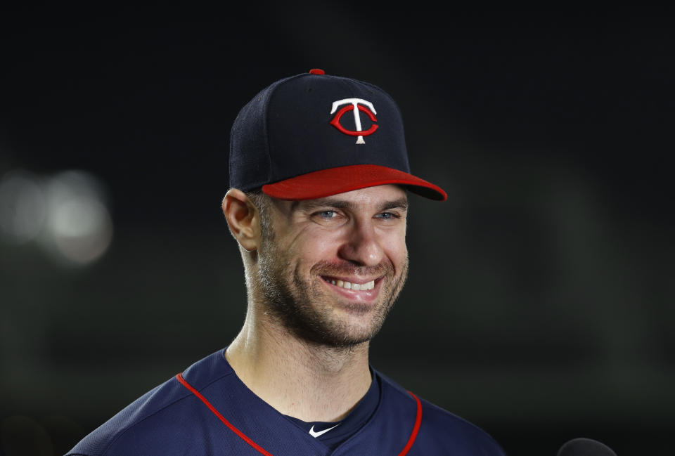 FILE - Minnesota Twins' Joe Mauer smiles during an interview after the team'[s baseball game against the Detroit Tigers on Sept. 18, 2018, in Detroit. Adrián Beltré, Todd Helton and Mauer were elected to baseball's Hall of Fame on Tuesday, Jan. 23, 2024. (AP Photo/Paul Sancya, File)