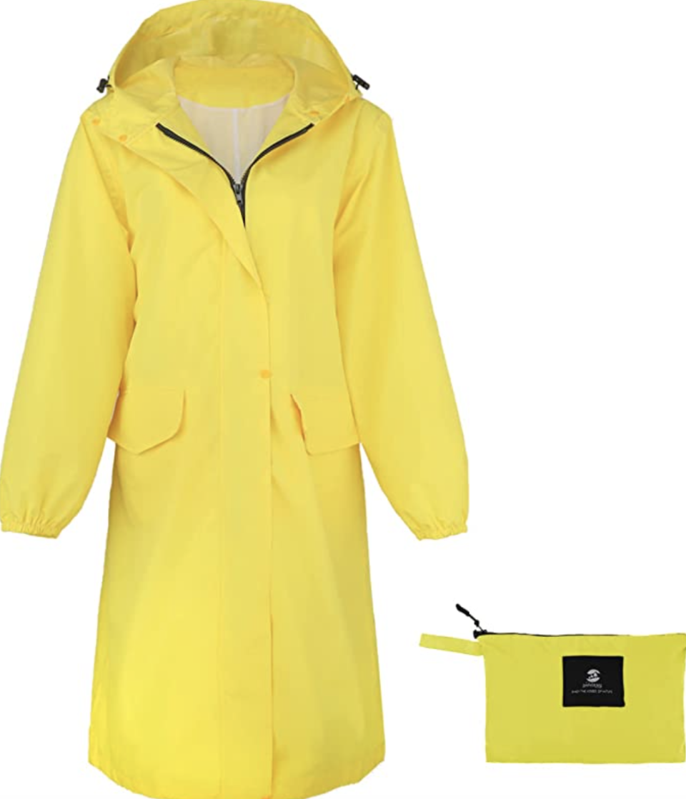 Women's Long Rain Jacket in yellow with packable yellow bag (Photo via Amazon)