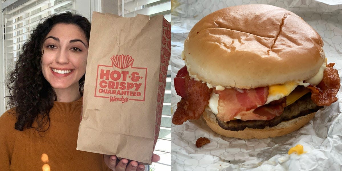 On the left, the writer holding a brown bag of Wendy's food. On the right, Wendy's breakfast baconator on a white wrapper.
