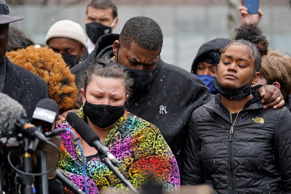 Katie Wright, left, the mother of Daunte Wright, and other family and friends gather during a news conference (AP)