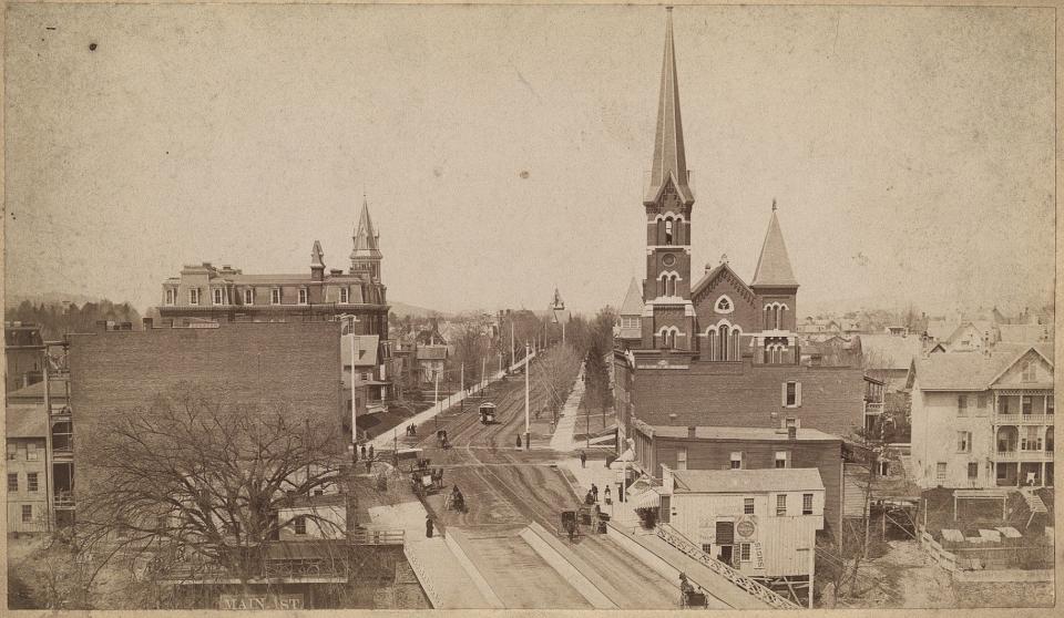 A early 1900s look at Main Street in Binghamton where several shoe repair shops were located.