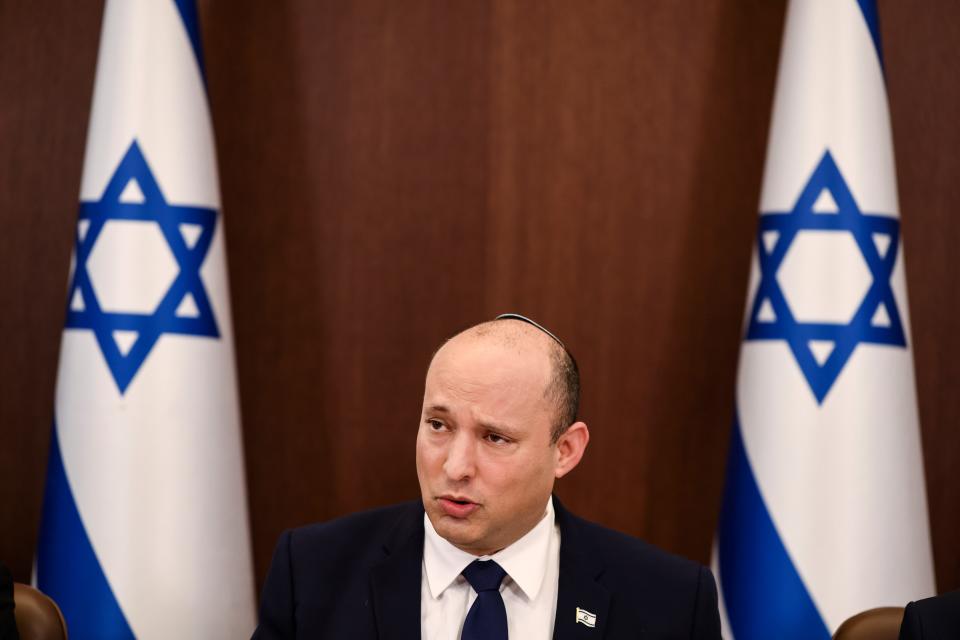 Israeli Prime Minister Naftali Bennett speaks at the weekly cabinet meeting in Jerusalem, Oct. 5, 2021.