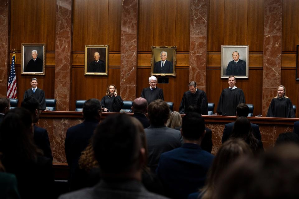 All rise as the state Supreme Court prepares to hear oral arguments on Senate Bill 14, a prohibition on gender-affirming care for transgender youths, last month.