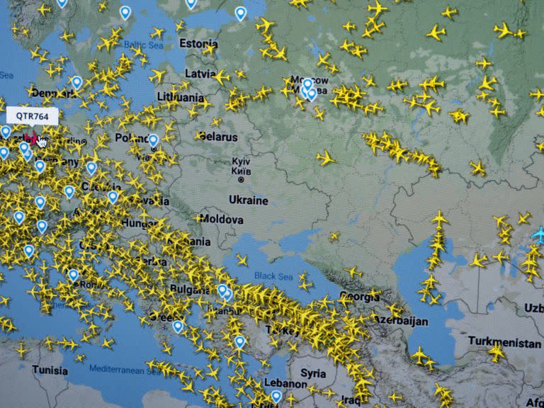 KIEV, UKRAINE - 2022/02/24: FlightRadar24 website, an online flight tracker shows no aircrafts flying over Ukraine after the Russian attack.
The Ministry of Foreign Affairs and of Infrastructure in Ukraine closed the airspace over the country. The Ministry of Foreign Affairs registers passengers who were unable to return home from abroad. (Photo by Igor Golovniov/SOPA Images/LightRocket via Getty Images)