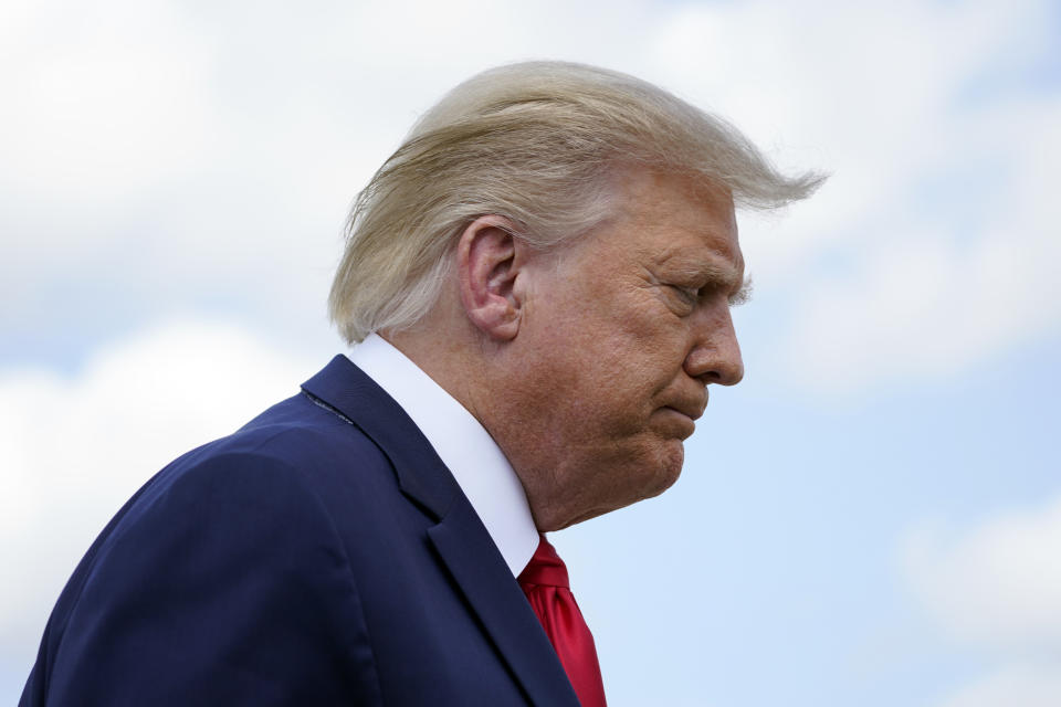 President Donald Trump turns after speaking to reporters before boarding Air Force One for a trip to Jupiter, Fla., to speak about the environment, Tuesday, Sept. 8, 2020, at Andrews Air Force Base, Md. He will also travel to a campaign rally in North Carolina. (AP Photo/Evan Vucci)