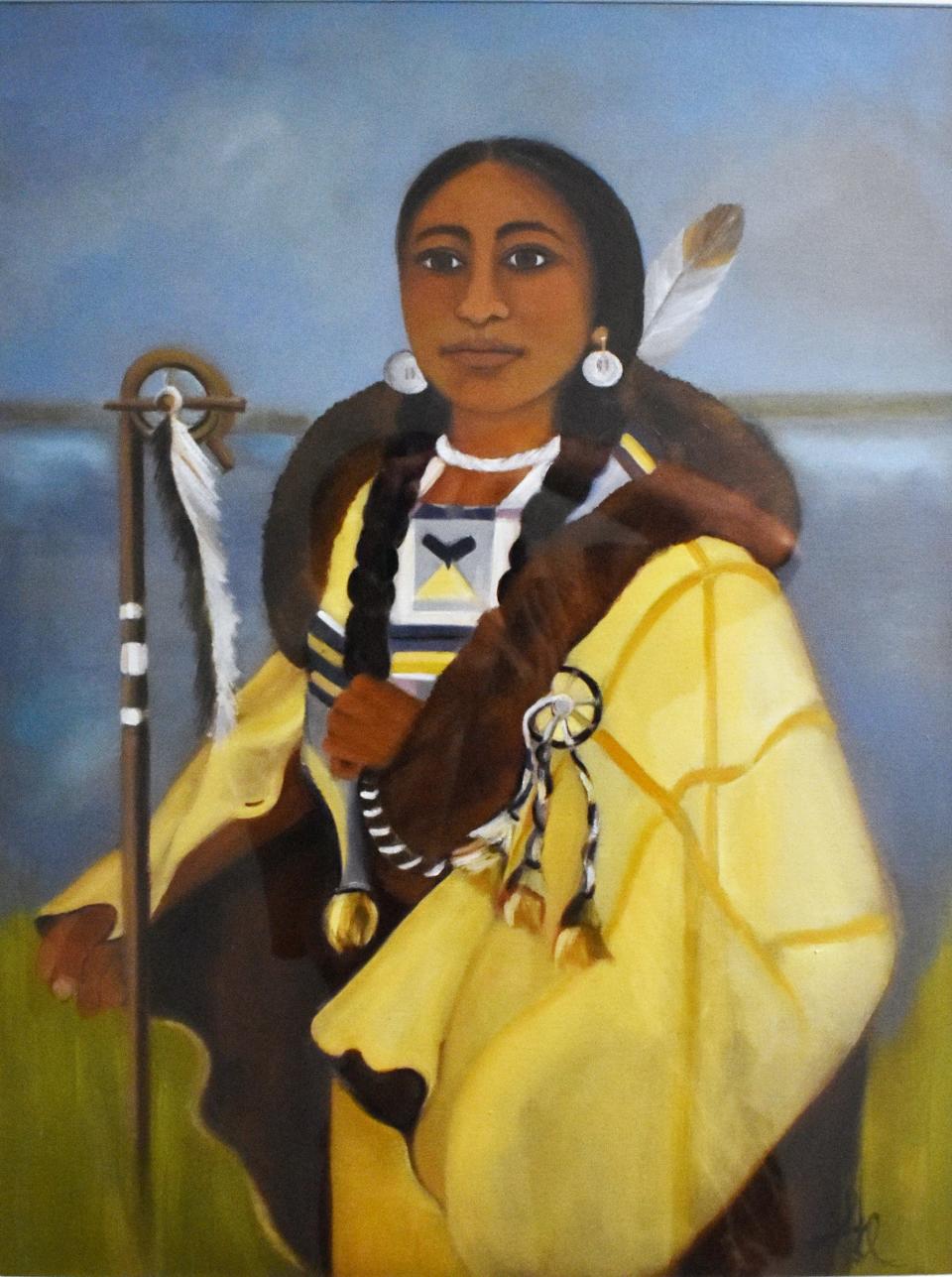 Sheila Oliveira's portrait of Pocasset sachem Weetamoo, part of the Famed and Framed Fall RIver Icons exhibit at Fall River Heritage State Park.