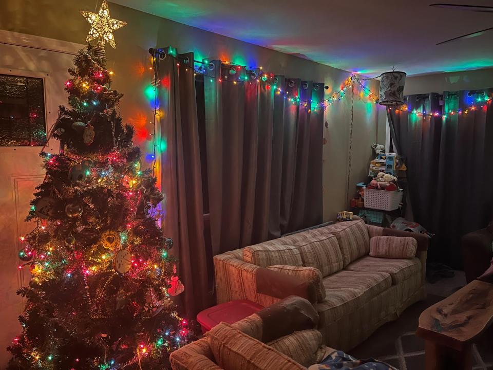 a christmas tree lit up in a family living room with two couches