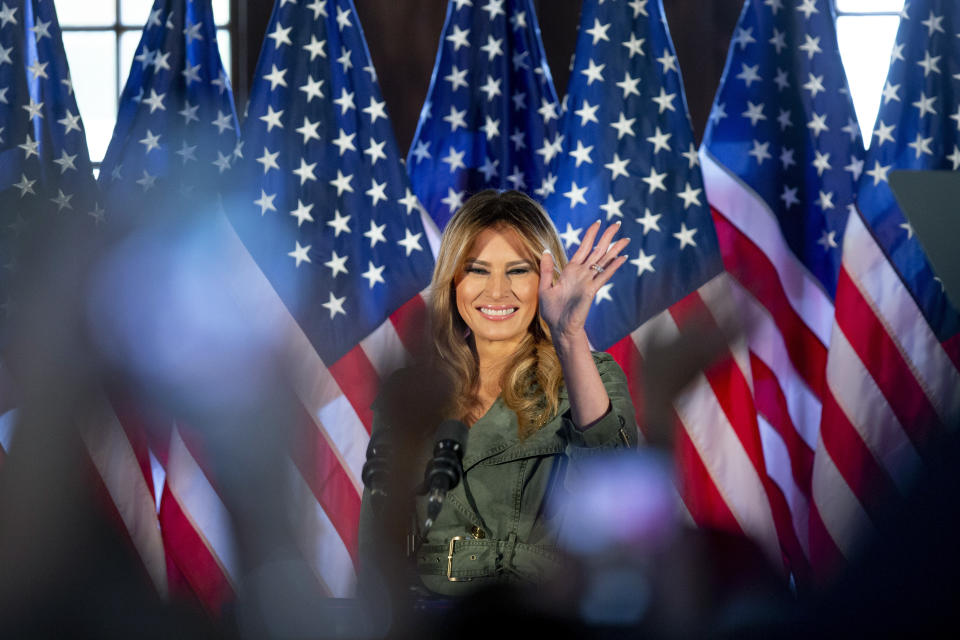 First lady Melania Trump speaks during a campaign rally on Tuesday, Oct. 27, 2020, in Atglen, Pa. (AP Photo/Laurence Kesterson)