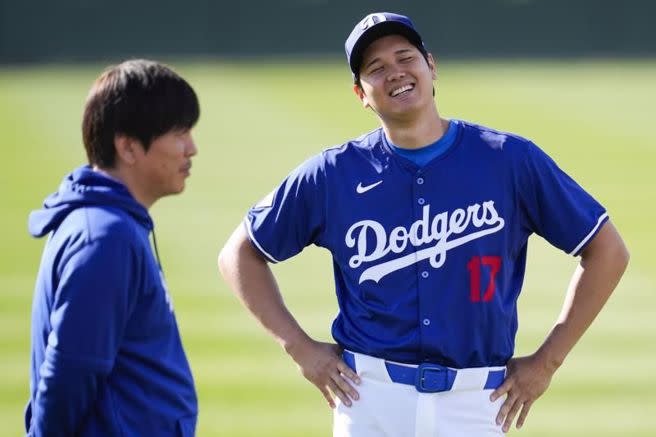 道奇大谷翔平與翻譯水原一平。（美聯社）