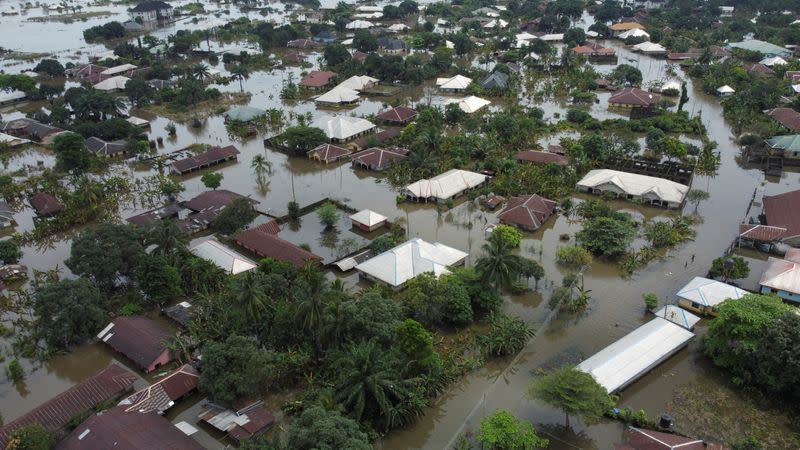 FILE PHOTO: An aerial view of the flooded Obagi community in Ahoada, Rivers state