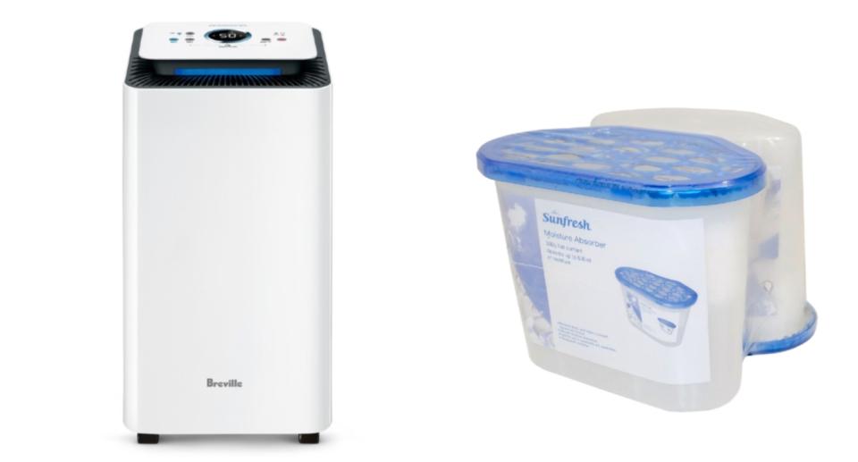 Dehumidifier from Big W, $369, Bunnings moisture absorber container, $4.98 