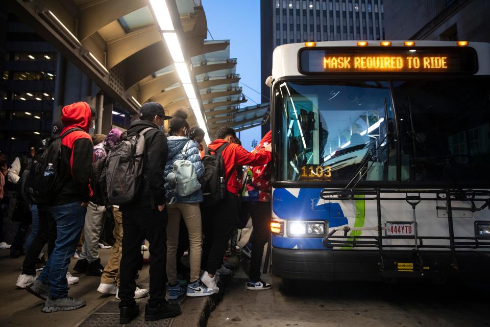 A Metro bus stops on Government Square. Three drivers were assaulted on Saturday in a string of apparently unconnected incidents, officials said.