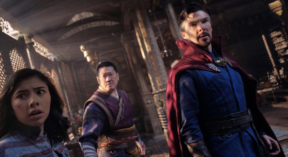 America, Wong and Dr. Strange prepare for the arrival of the Scarlet Witch in "Doctor Strange in the Multiverse of Madness"