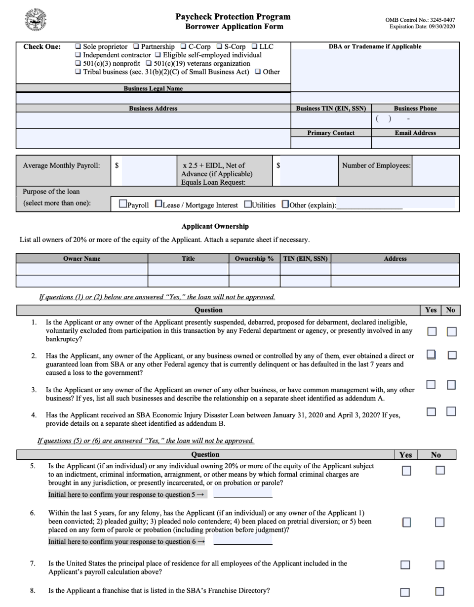 CARES Act Paycheck Protection Program Loan Application Form