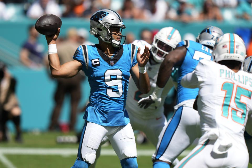 Carolina Panthers quarterback Bryce Young (9) aims a pass during the first half of an NFL football game against the Miami Dolphins, Sunday, Oct. 15, 2023, in Miami Gardens, Fla. (AP Photo/Wilfredo Lee)