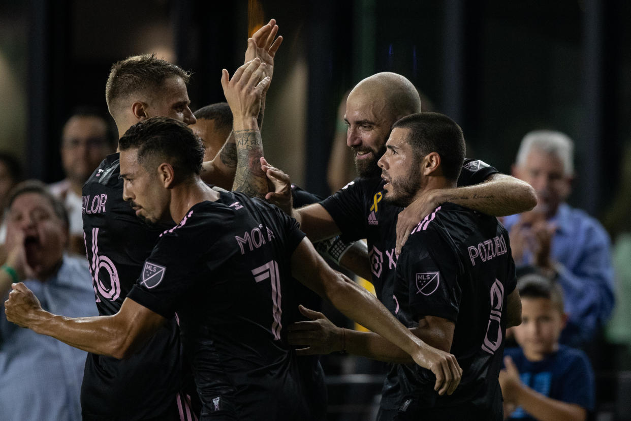 FORT LAUDERDALE, FLORIDA - SEPTEMBER 13: Gonzalo Higuaín #10 of Inter Miami CF, Alejandro Pozuelo #8 of Inter Miami CF, and Jean Mota #7 of Inter Miami CF celebrate a goal against Columbus Crew at DRV PNK Stadium on September 13, 2022 in Fort Lauderdale, Florida. (Photo by Lauren Sopourn/Getty Images)
