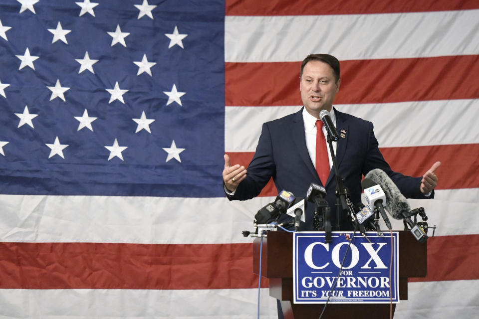 Dan Cox, Republican gubernatorial candidate in Maryland, speaks during a campaign results reception, Tuesday, Nov. 8, 2022, in Annapolis, Md. (AP Photo/Steve Ruark)