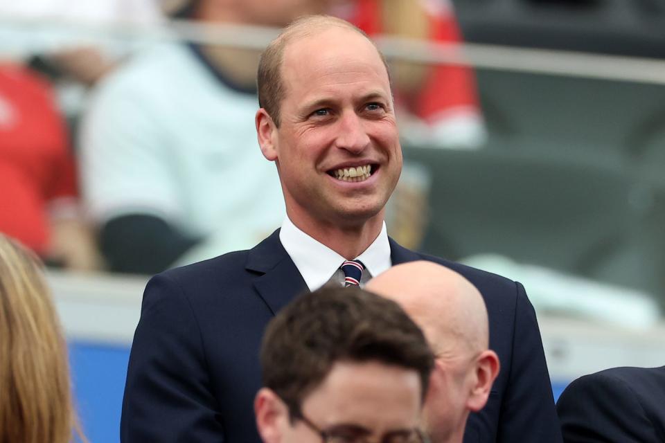 <p>Richard Pelham/Getty </p> Prince William attends UEFA EURO 2024 group stage match between Denmark and England on June 20, 2024