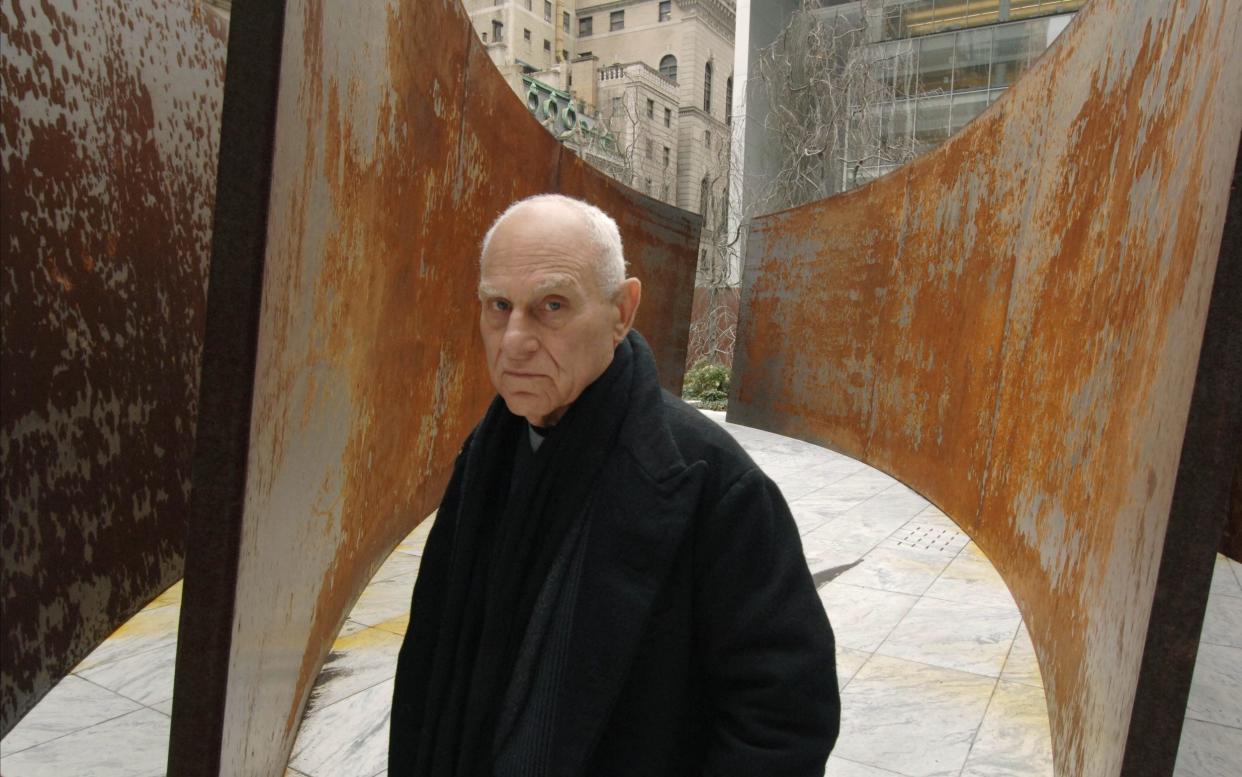 Richard Serra with one of his pieces at the Moma Sculpture Garden in New York in 2007