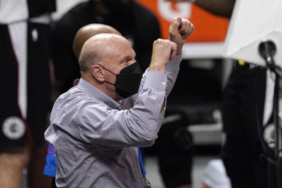 Los Angeles Clippers owner Steve Ballmer celebrates during the second half in Game 3 of the NBA basketball Western Conference Finals against the Phoenix Suns Thursday, June 24, 2021, in Los Angeles. (AP Photo/Mark J. Terrill)