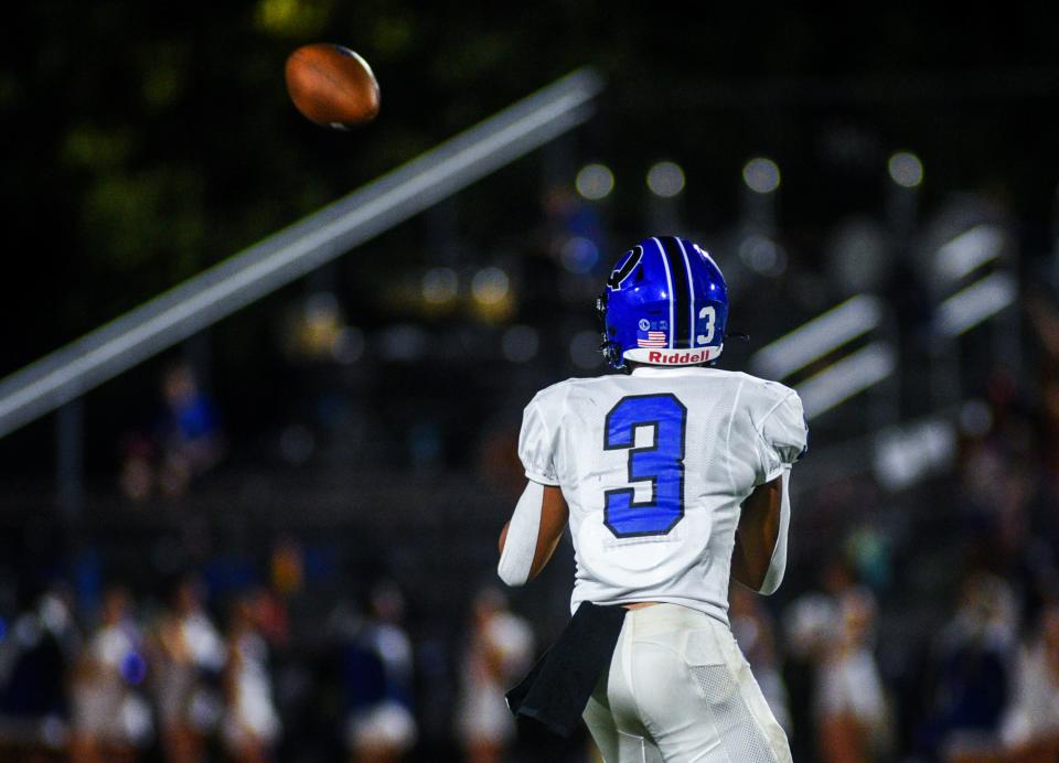 Quakertown's Edward Bittner (3) making a catch against North Penn during their football game at North Penn High School in Lansdale on Thursday, Aug. 31, 2023.