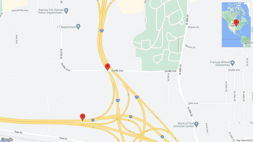 A detailed map that shows the affected road due to 'Traffic alert issued due to heavy rain conditions on Orville Avenue in Kansas City' on May 31st at 4:52 p.m.