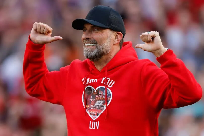 Jürgen Klopp, wearing his Thank You Luv hoodie, during his Liverpool farewell.