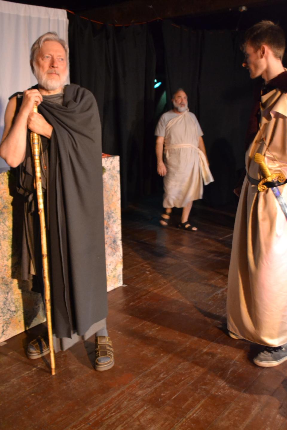 Duncan Hoehn (left), Jeff Mandel (center) and Hunter West (right) perform in a scene from “Oedipus Revenant," a reimagining of "Oedipus Rex" at The Warehouse Theater, Florida, in 2015