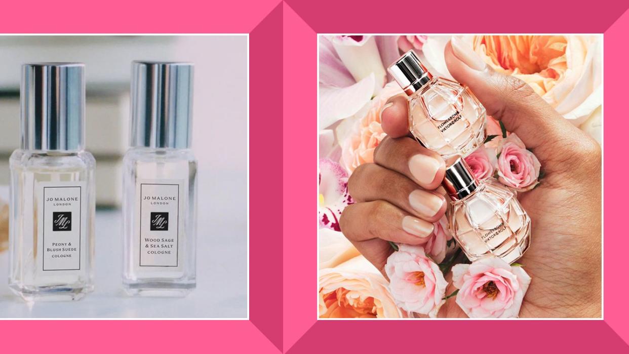 an image of two bottles of cologne on a table and an image of a hand holding two small perfume bottles with pink and light orange flowers around