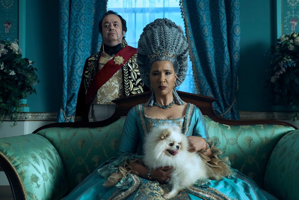 Queen Charlotte: A Bridgerton Story. (L to R) Hugh Sachs as Brimsley, Golda Rosheuvel as Queen Charlotte in episode 102 of Queen Charlotte: A Bridgerton Story.