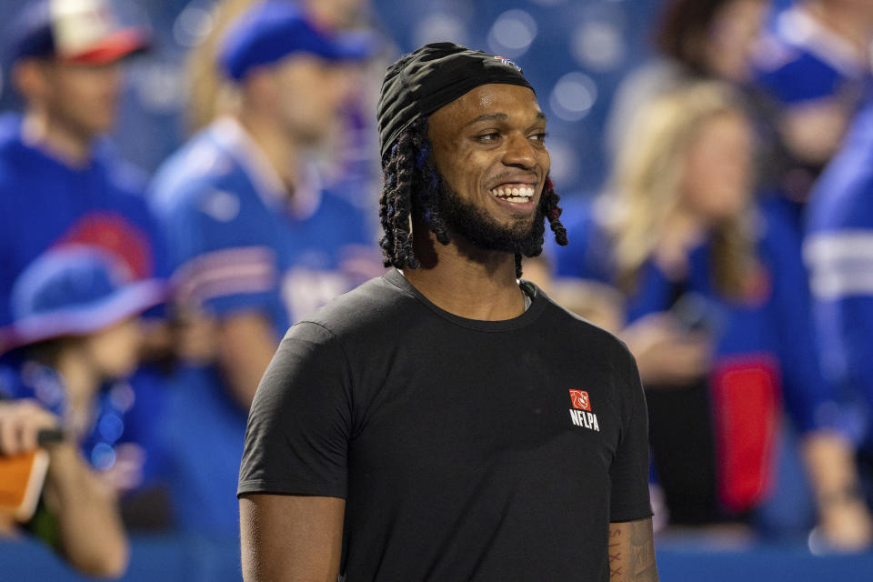 Buffalo Bills safety Damar Hamlin (3) warms up before an NFL football game, Thursday, Oct. 26, 2023, in Orchard Park, NY. (AP Photo/Matt Durisko)