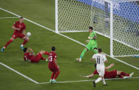 Turkey's Merih Demiral, left, scores an own goal during the Euro 2020 soccer championship group A match between Turkey and Italy at the Rome Olympic stadium, Friday, June 11, 2021. (AP Photo/Andrew Medichini, Pool)