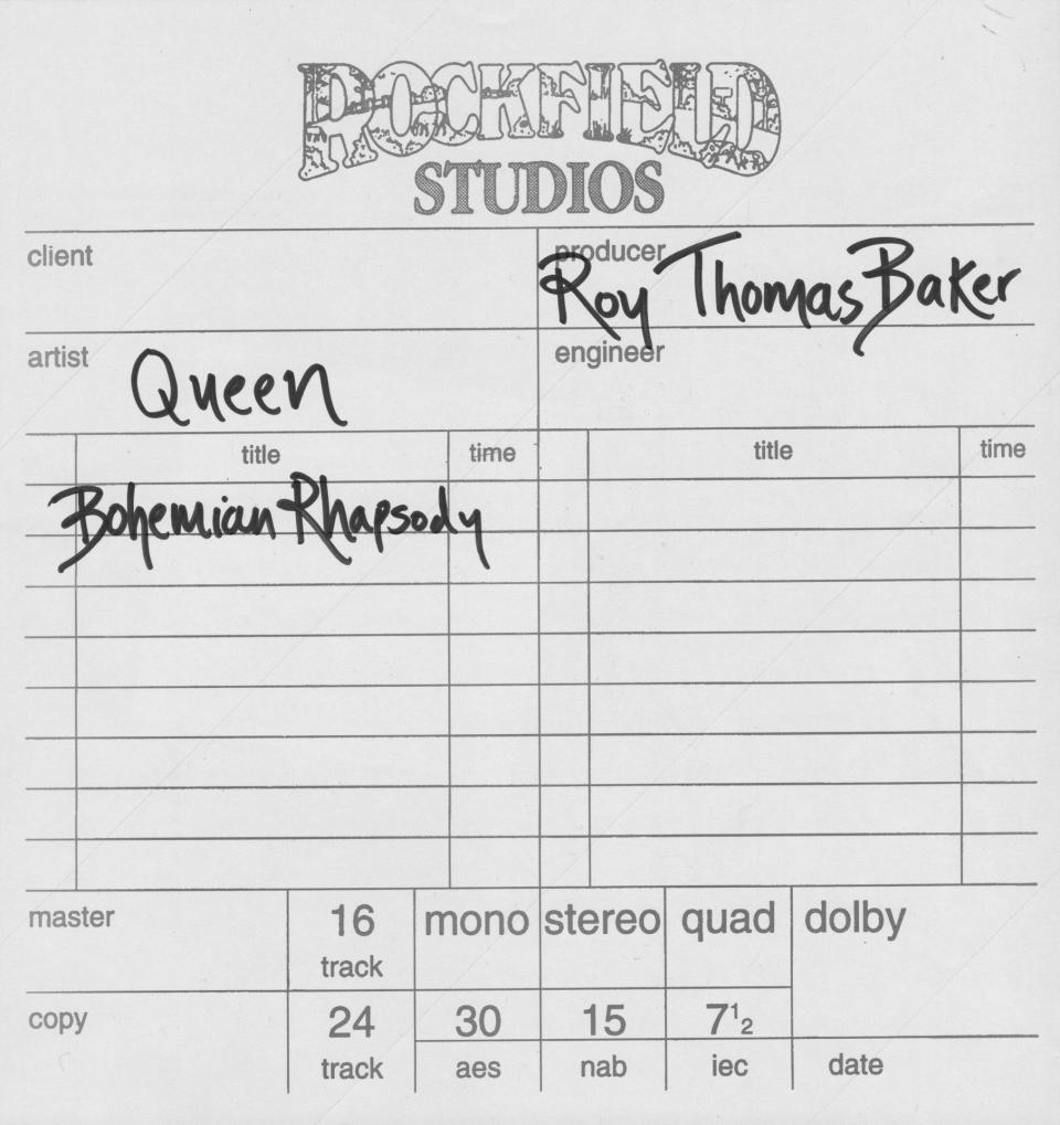 The label from the master recording of Bohemian Rhapsody, 1975