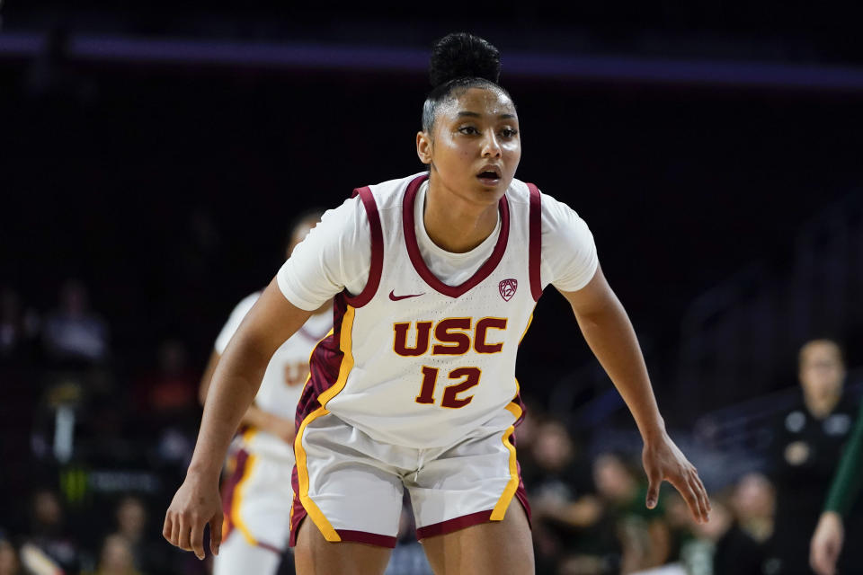 Southern California guard JuJu Watkins watches for the ball during the second half of an NCAA college basketball game against Cal Poly, Tuesday, Nov. 28, 2023, in Los Angeles. (AP Photo/Ryan Sun)