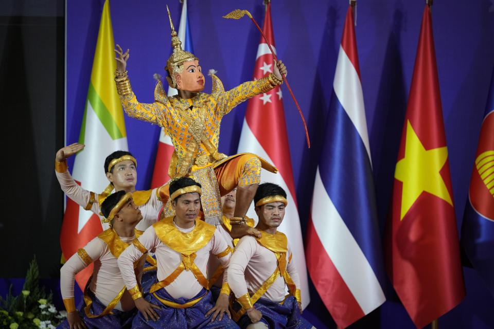 Traditional dancers perform during the opening ceremony of the 40th and 41st ASEAN Summits (Association of Southeast Asian Nations) in Phnom Penh, Cambodia, Friday, Nov. 11, 2022. The ASEAN summit kicks off a series of three top-level meetings in Asia, with the Group of 20 summit in Bali to follow and then the Asia Pacific Economic Cooperation forum in Bangkok. (AP Photo/Vincent Thian)