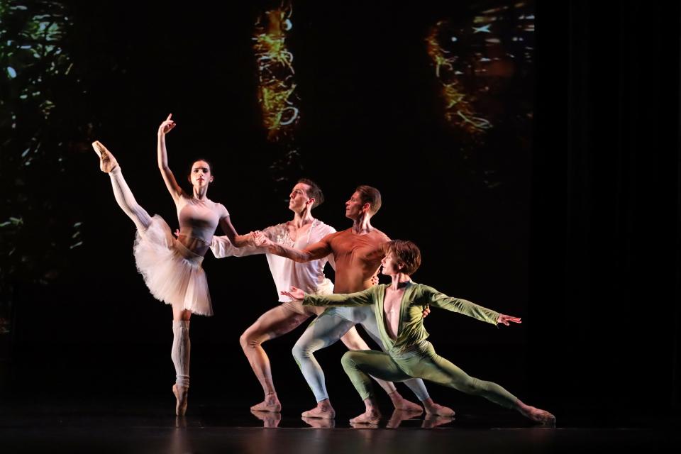 From left, Marijana Dominis, Richard House, Daniel Pratt and Arcadian Broad in The Sarasota Ballet production of Jessica Lang’s “Shades of Spring.”