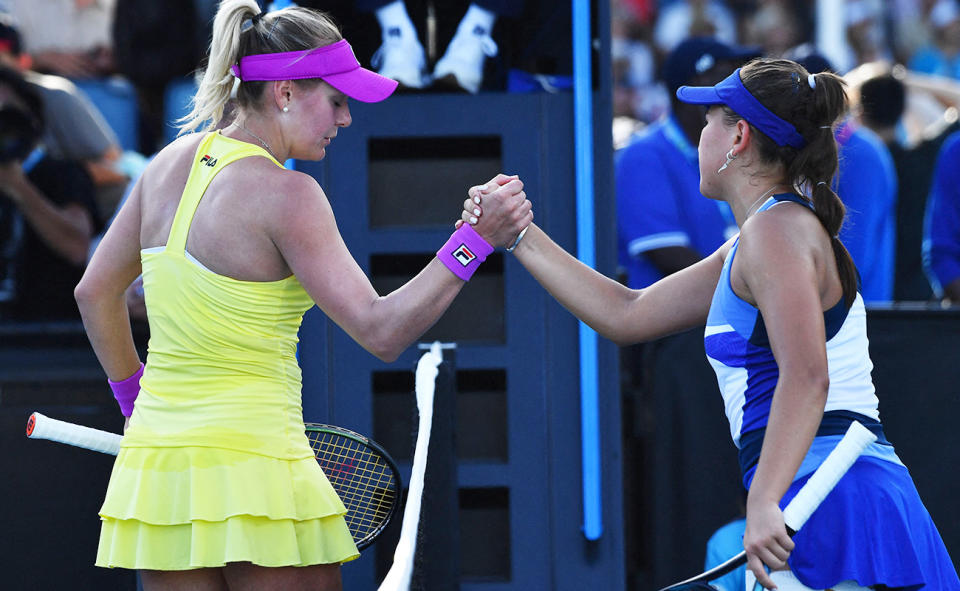 Kateryna Baindl, pictured here after beating Kamilla Rakhimova at the Australian Open.