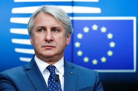 Romanian Finance Minister Eugen Teodorovici holds a news conference after an European Union finance ministers meeting in Brussels, Belgium March 12, 2019. REUTERS/Francois Lenoir