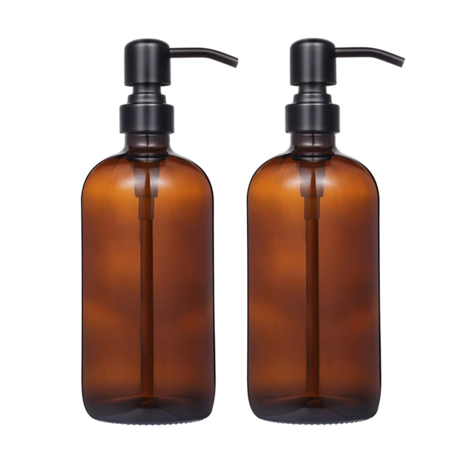 Two amber glass soap dispenser