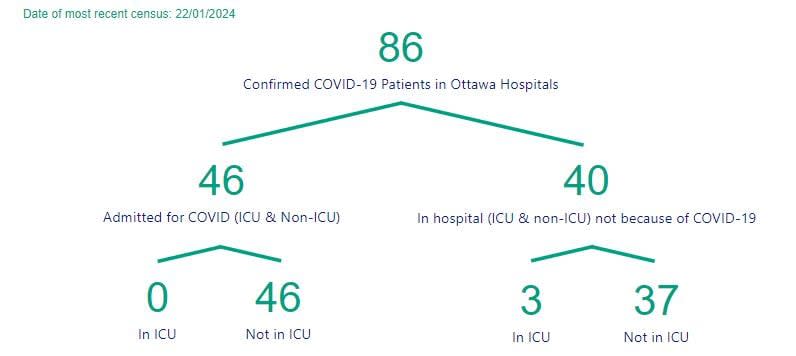 Ottawa Public Health has a COVID-19 hospital count that shows all hospital patients who tested positive for COVID, including those admitted for other reasons and who live in other areas.