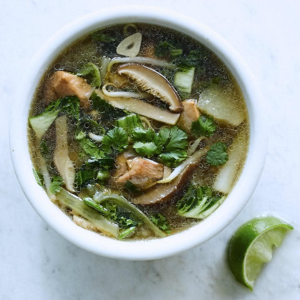 Chicken & Bok Choy Soup with Ginger & Mushrooms