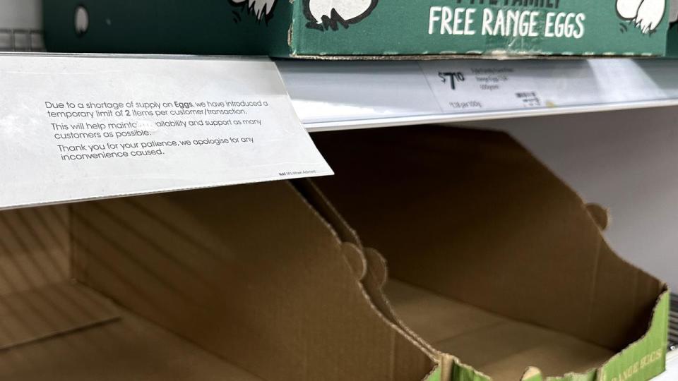 Empty shelves and a sign advising customers of egg rationing