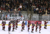 Montreal salutes the crowd following a PWHL hockey game against New York on Wednesday, April 24, 2024, in Montreal. (Christinne Muschi/The Canadian Press via AP)