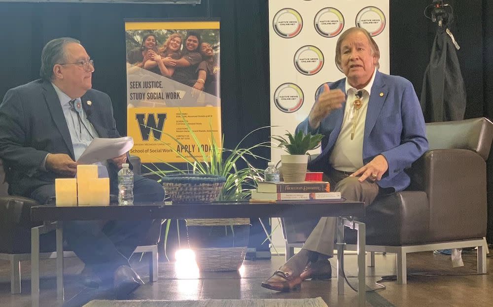 Billy Mills answers questions at Western Michigan University (Photo: Billy Mills Facebook)