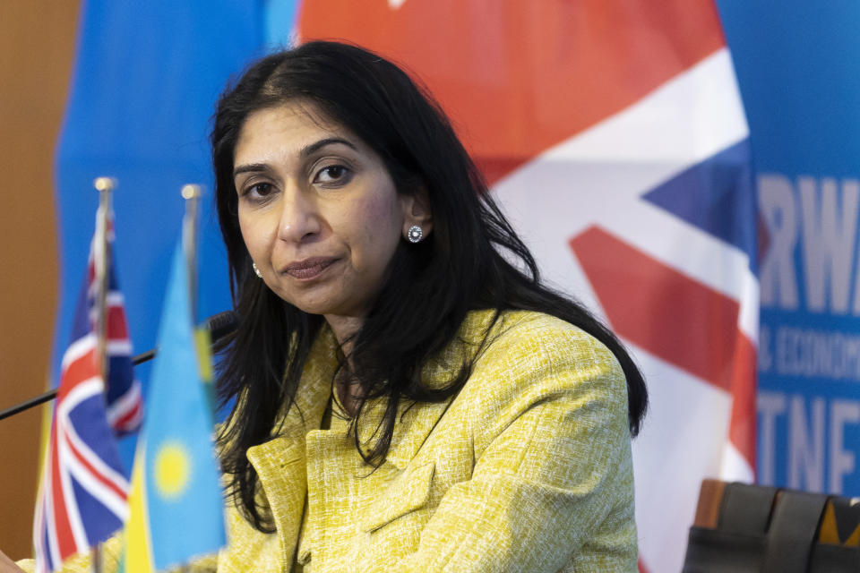 FILE - Britain's Home Secretary Suella Braverman pauses, during a press conference in the capital Kigali, Rwanda Saturday, March 18, 2023. British Prime Minister Rishi Sunak has fired Home Secretary Suella Braverman, who drew anger for accusing police of being too lenient with pro-Palestinian protesters. The government says Suella Braverman has left her job as part of a Cabinet shuffle on Monday, Nov. 13, 2023. (AP Photo, File)